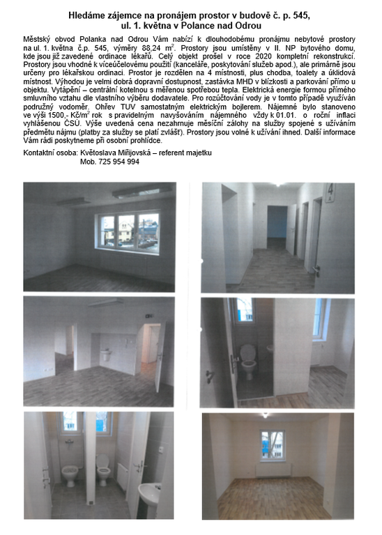 Hledáme zájemce na pronájem prostor v budově č. p. 545,  ul. 1. května v Polance nad Odrou